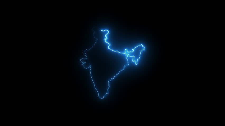 Neon glowing India map icon animation on dark background, digital outline of Indian subcontinent, ideal for technology themes, geographic visuals, patriotic designs, and futuristic interface graphics