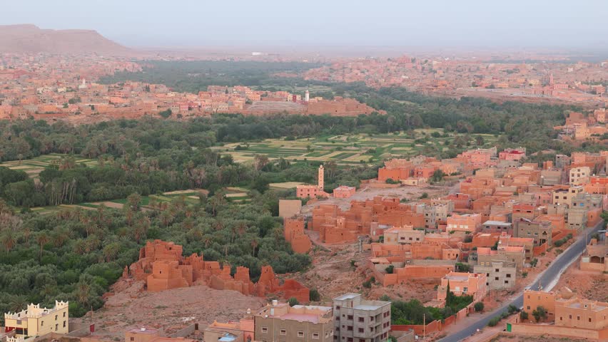 Scenic panoramic sunset landscape views of the Tinghir oasis, Morocco 