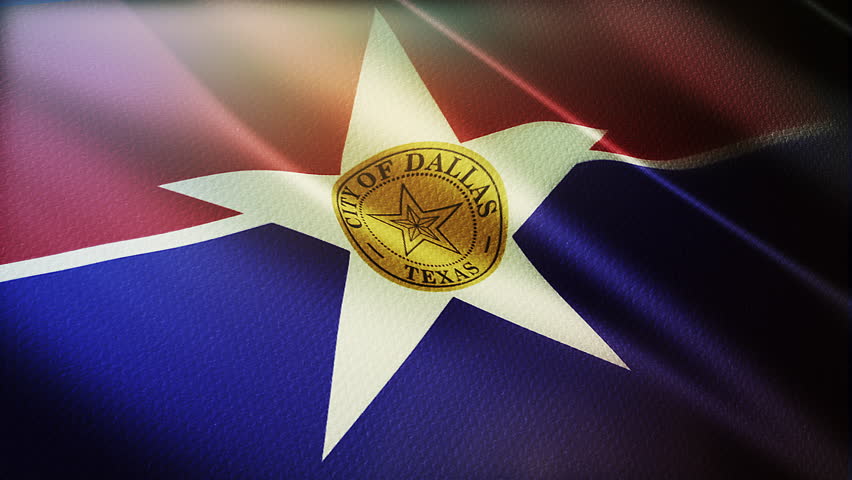 Dallas (a city in north Texas, USA) flag waving in the wind with moody lighting and highly detailed fabric texture. Close-up of up Dallas city flag. 