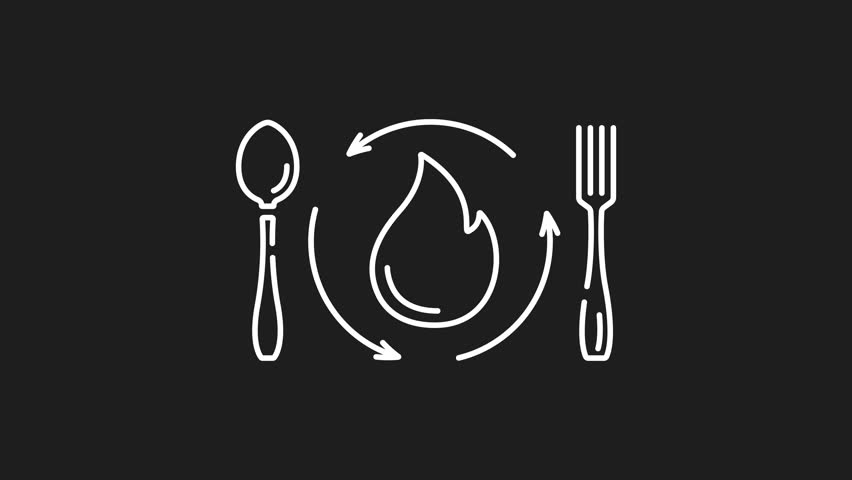 Food to energy white linear animation. Fork, spoon, flame in circle. Metabolism or digestion concept. Seamless loop HD video with alpha channel on transparent background. Animated outline icon