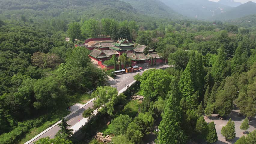Aerial view of Galan Hall at Shaolin Temple Scenic Area in Dengfeng, Henan Province on a sunny day