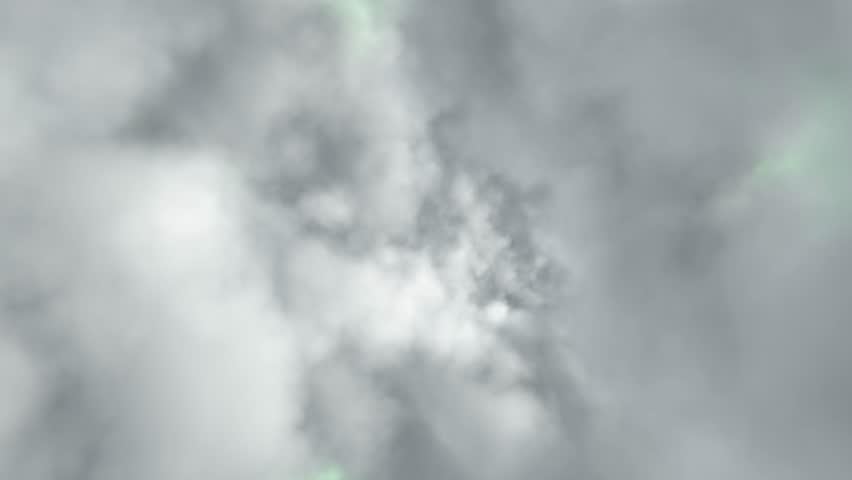 Animated CGI clip of soft gray storm clouds swirling outward to form a tunnel that reveals a bright chroma-green matte at center. Ideal as a keyed transition, logo reveal, or VFX overlay.