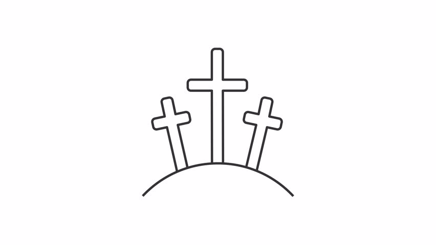 Animated calvary line icon. Three crosses at Golgotha mountain animation. Crucifixion of Jesus Christ story. Bible narrative. Outline element on white background. HD video with alpha channel