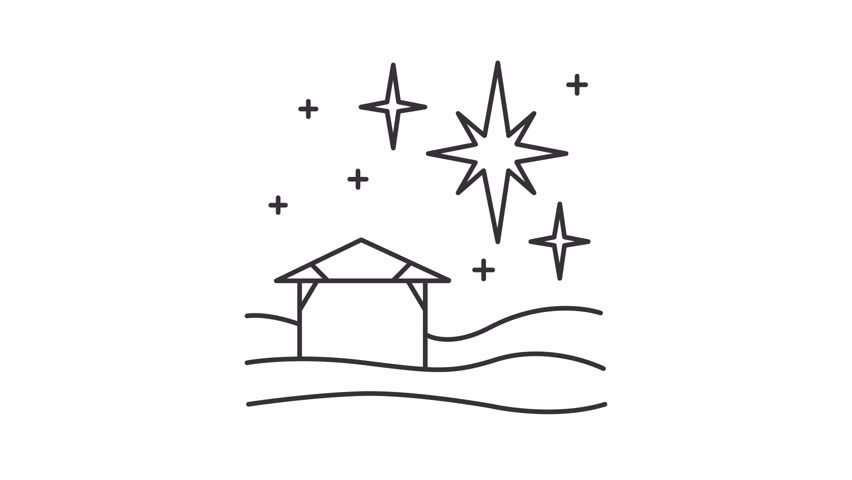 Animated Christmas star line icon. Starry sky over small barn house animation. Holy night bible narrative. Birth of messiah. Outline element on white background. HD video with alpha channel