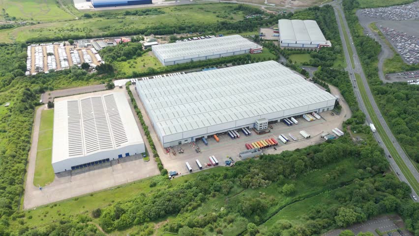 Sunny Day Aerial View of Data Centre and Warehouse District in Corby Northamptonshire