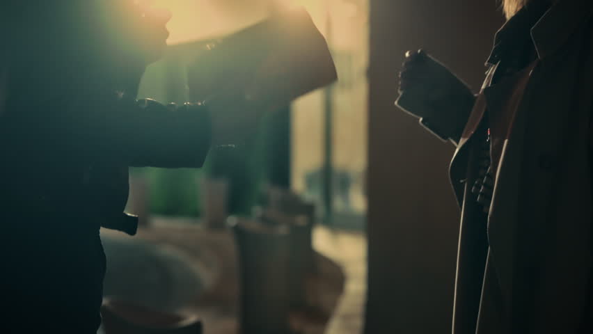 Secretive files and briefcase handoff between two people in a dimly lit environment. Close-up shot, cinematic lighting secret agent work, mysterious atmosphere. Silhouetted hands gripping case.
