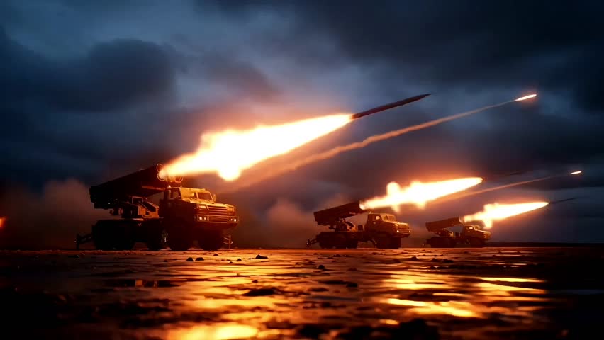 Missile Attack Launch by Military Forces at Sunrise, Israel vs Iran, India Pakistan Russia America Conflict Escalation in World War 3 Scenario, Animated, Animation Motion Graphic Video