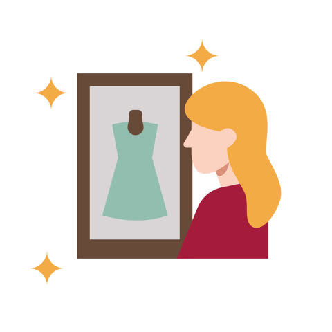 Woman gazes at framed teal dress picture. Suitable for fashion blogs, social media posts, website headers, and promotional materials.