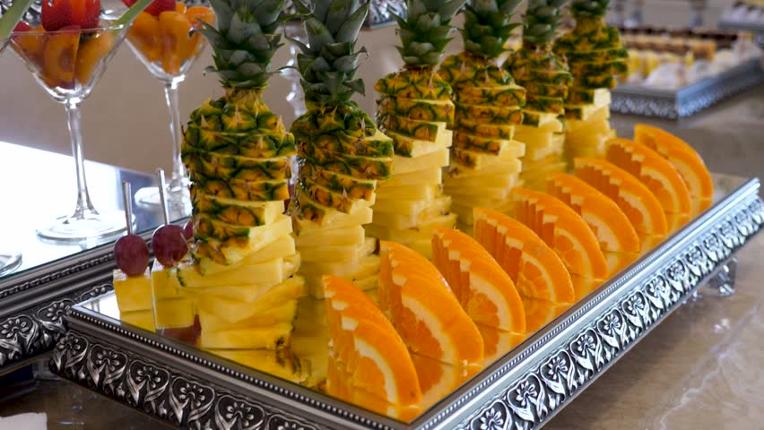 Beautiful sweet buffet with fruits and berries. Fruit table.