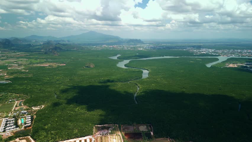 Sweeping drone panorama of a river snaking through tropical mangroves and forest plains near Krabi, Thailand. A perfect nature or environment-themed visual for eco-promo projects.