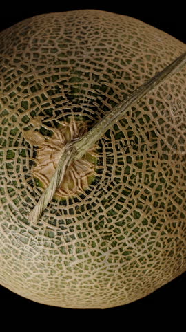 Two Hands Separating a Whole Cantaloupe to Reveal the Juicy Orange Interior and Seed Cavity of the Halved Fruit in Close-Up with Dark Background.