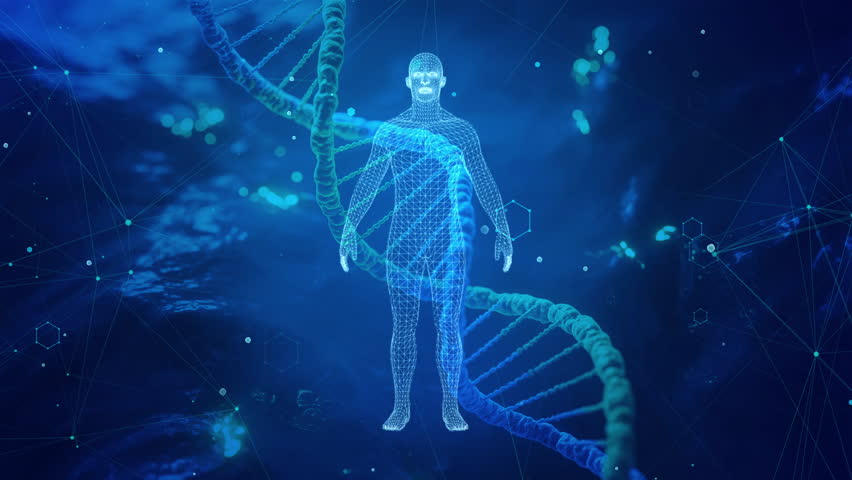 Digital Human and DNA Strand in Blue Sci-Fi Themed Concept Art - Powered by Shutterstock - Get 15% off with code: PIKWIZARD15