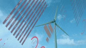 Turbine blade rotating chart bars sliding in red values popping up map filling showing energy data. Renewable, sustainability, data visualization, infographic, environmental, digital, technology - Powered by Shutterstock - Get 15% off with code: PIKWIZARD15