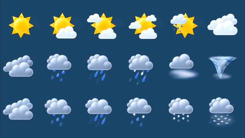 Set of animated weather icons: sun, sun with clouds, rain clouds, heavy rain, fog, and a tornado, on a dark blue background. Forecast elements.