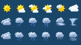 Set of animated weather icons: sun, sun with clouds, rain clouds, heavy rain, fog, and a tornado, on a dark blue background. Forecast elements. - Powered by Shutterstock - Get 15% off with code: PIKWIZARD15