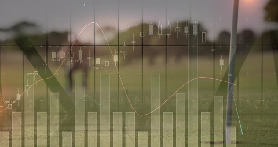 Chart animation unfolding revealing golfer swinging club under finance data overlay for insight. Financial, data, analysis, investment, technology, modern, creative
