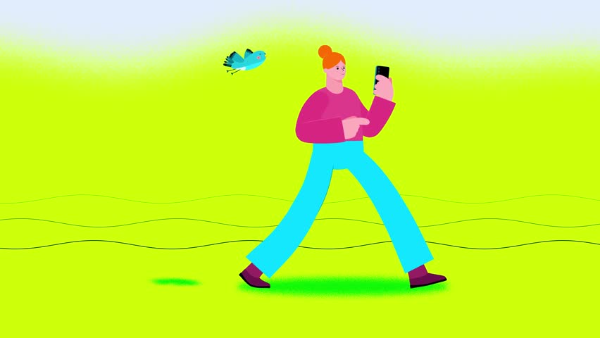 Successful red head animated woman walking with phone and blue bird flying on simple noisy landscape. Cartoon animation of businessman character male smiling scrolling gsm phone screen video 4k.  - Powered by Shutterstock - Get 15% off with code: PIKWIZARD15