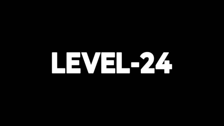 Level -24 text font animation. Level Up text sign. letters spelling out level Up appear on black background.