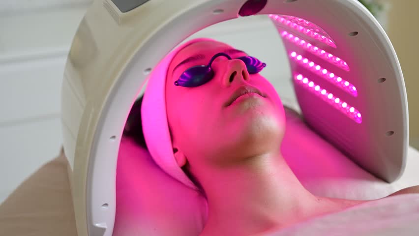 Professional esthetician performing advanced hydrafacial treatment using LED light therapy for skin rejuvenation and wellness in modern beauty salon setting