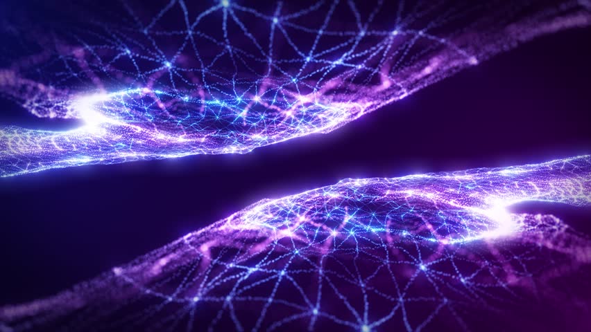 Abstract purple digital dynamic particle waves with motion light background, data flow, cyber technology. 3d rendering. Seamless loop video 4k. Video intro animation
