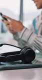 Headset, call center and tablet with mic in office for customer service, support or help desk. Phone, contact us and virtual assistant with headphones on table for crm with hands of person on break - Powered by Shutterstock - Get 15% off with code: PIKWIZARD15