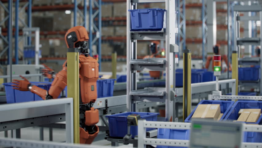 Autonomous AI-Enabled Humanoid Robot Working at Fulfillment Center. He is Moving Boxes and Sorting Packages. Automated Warehouse or Logistics Center with General Purpose Humanoid Robots