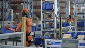 Autonomous AI-Enabled Humanoid Robot Working at Fulfillment Center. He is Moving Boxes and Sorting Packages. Automated Warehouse or Logistics Center with General Purpose Humanoid Robots - Powered by Shutterstock - Get 15% off with code: PIKWIZARD15