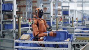 Autonomous AI-Enabled Humanoid Robot Working at Fulfillment Center. He is Moving Boxes and Sorting Packages. Automated Warehouse or Logistics Center with General Purpose Humanoid Robots - Powered by Shutterstock - Get 15% off with code: PIKWIZARD15