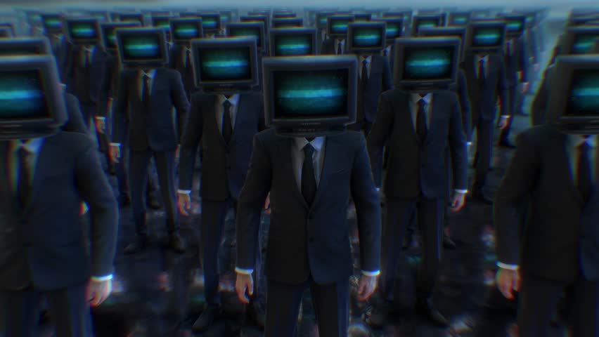 A group of people in suits with TV sets for heads.