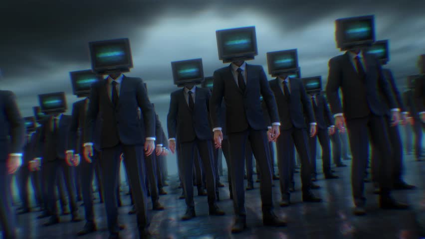 A group of people in suits with TV sets for heads.