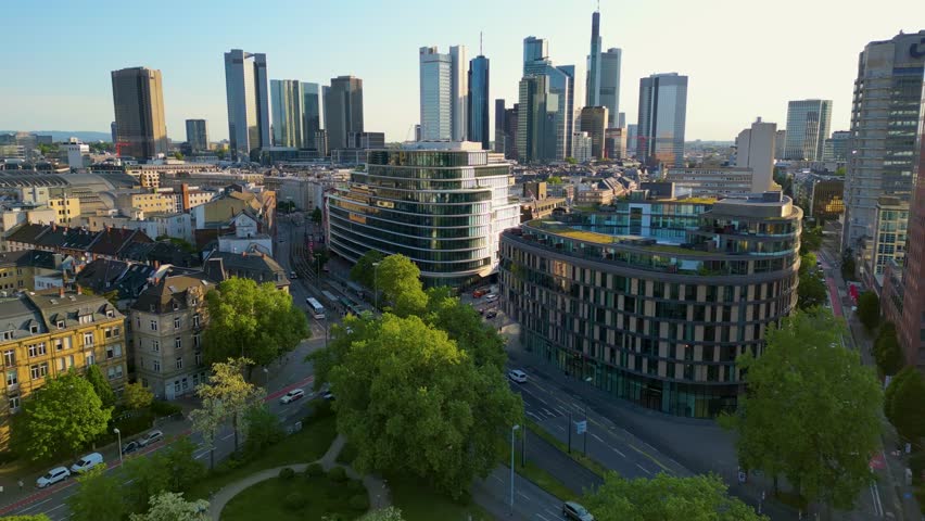 4K Aerial Drone Video of Modern Office Buildings in Downtown Frankfurt, Germany