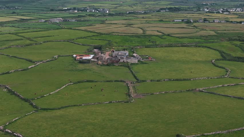 Circle aerial orbit right over Cornwall farm fields and green rural landscape with bright sunshine, panoramic establishing