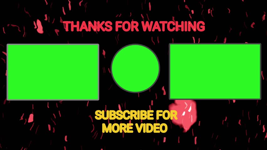 Animated video end screen with green placeholders, red and yellow text on dark background. Perfect for channel outros, video endings, or subscription call-to-action overlays.