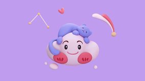 3d animation of fluffy blue cartoon cat sleeping lying on white cloud floating in air with bubbles, stars, heart shape. Kawaii cloud with smiling face, blinking eyes, red cheeks on violet background. - Powered by Shutterstock - Get 15% off with code: PIKWIZARD15