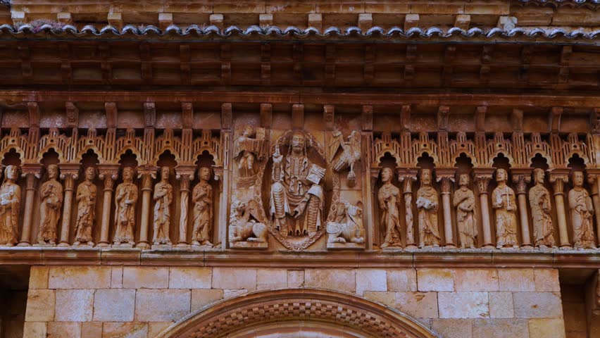 Facade of the Church of San Juan Bautista in the village of Moarves de Ojeda, in the natural region of the La Ojeda Valley. Palencia, Castile and León, Spain. Europe