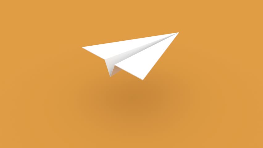 Paper white airplane symbol of letter delivery flying on orange bg able to loop endless 4k. 3D Illustration