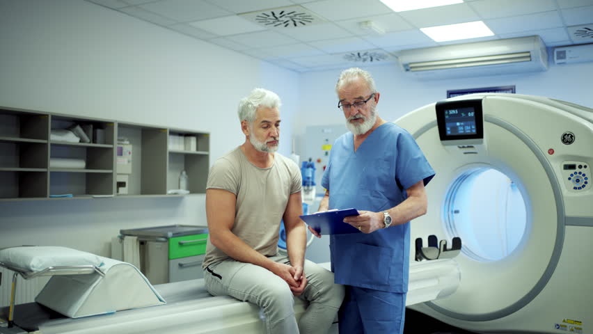 Doctor explaining CT scan results to patient in hospital setting