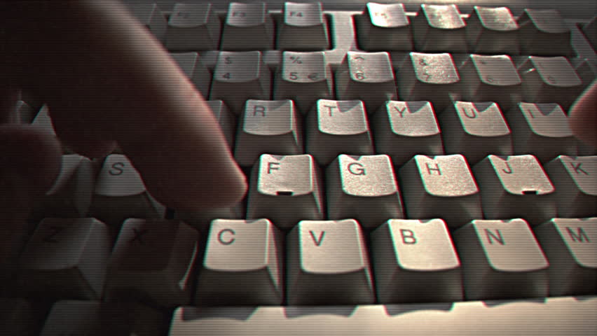 Computer engineer developer is working on old vintage computer 1990s. Antique classic pc keyboard and programmer typing hands. Internet web digital startup history. Outdated retro technology concept