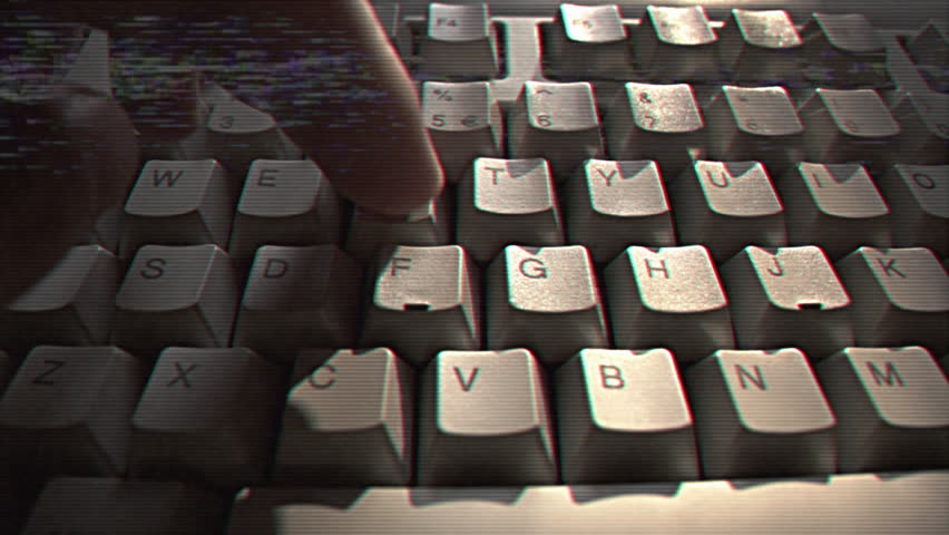 Computer engineer developer is working on old vintage computer 1990s. Antique classic pc keyboard and programmer typing hands. Internet web digital startup history. Outdated retro technology concept