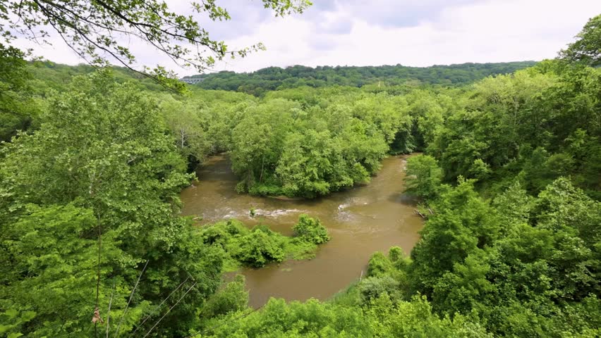 Scenic views of the Cuyahoga River oxbow from Cascade Valley Metropark Overlook in Summit County, Ohio. A restored natural landscape near Akron and Cuyahoga Falls.