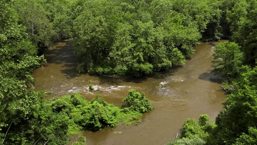 Scenic views of the Cuyahoga River oxbow from Cascade Valley Metropark Overlook in Summit County, Ohio. A restored natural landscape near Akron and Cuyahoga Falls.
