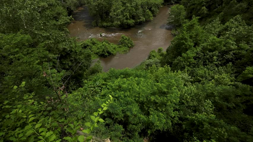 Scenic views of the Cuyahoga River oxbow from Cascade Valley Metropark Overlook in Summit County, Ohio. A restored natural landscape near Akron and Cuyahoga Falls.