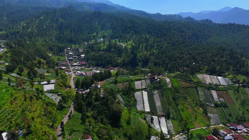 Mountain valley with forested hills, terraced farms, and a village road