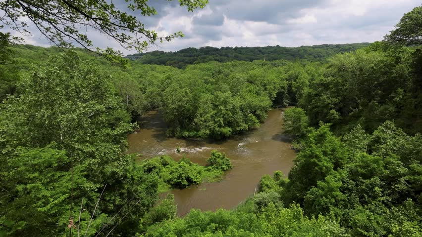 Scenic views of the Cuyahoga River oxbow from Cascade Valley Metropark Overlook in Summit County, Ohio. A restored natural landscape near Akron and Cuyahoga Falls.