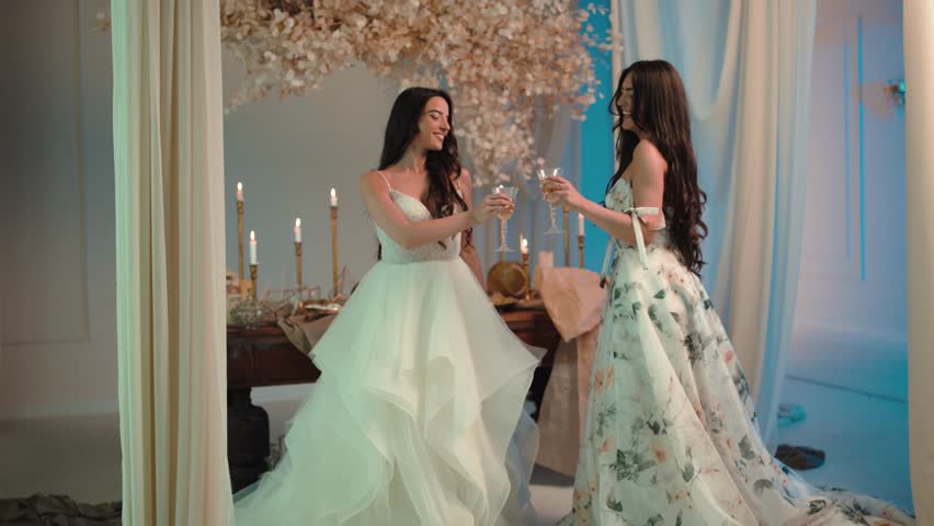 Candid shot of two beautifull female brides during their wedding ceremony indoor 