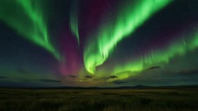 A serene landscape under the vivid spectacle of the aurora borealis, with dramatic green ribbons of light arching across a dark, star-studded sky. - Powered by Shutterstock - Get 15% off with code: PIKWIZARD15