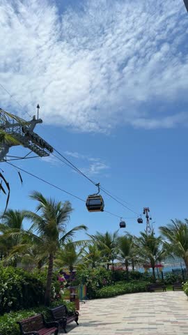 The longest cable car in the world to the island vinperl. Cable car cabins fly in the sky. Transporting people to the island by air. Modern technology