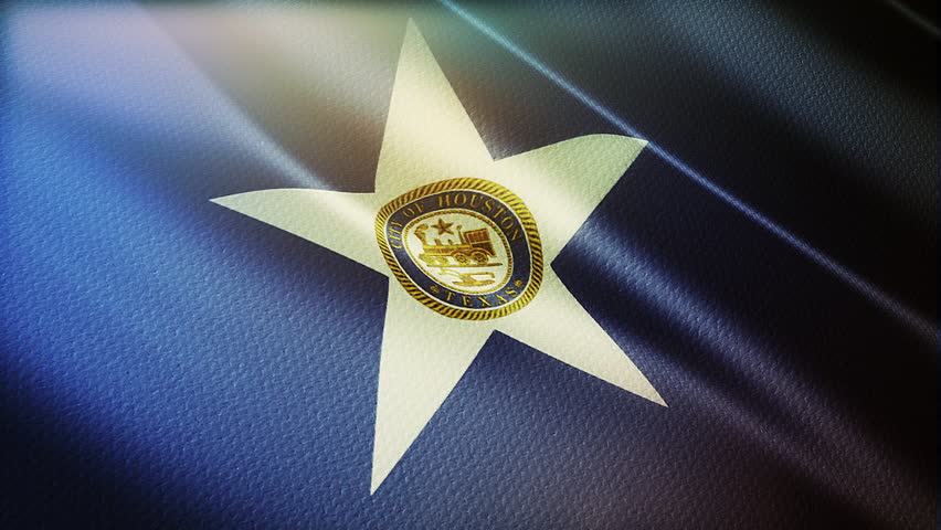 Houston (a city in Texas, USA) flag waving in the wind with moody lighting and highly detailed fabric texture. Close-up of up Houston city flag. 
