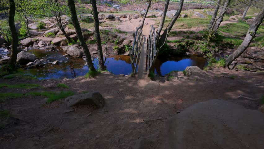 A scenic view of Padley Gorge with a wooden bridge crossing Burbage Brook, its brown waters winding through lush, ancient woodland