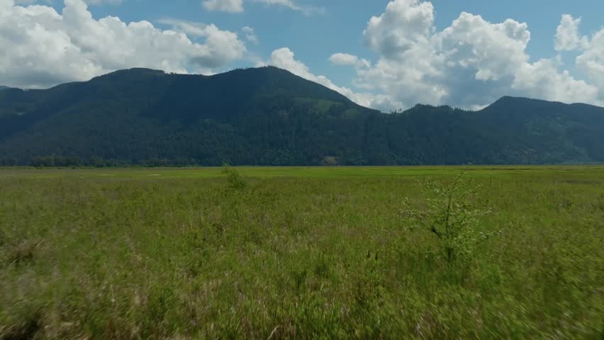A drone footage of vast flooded grassland with lush mountain under partly cloudy sky